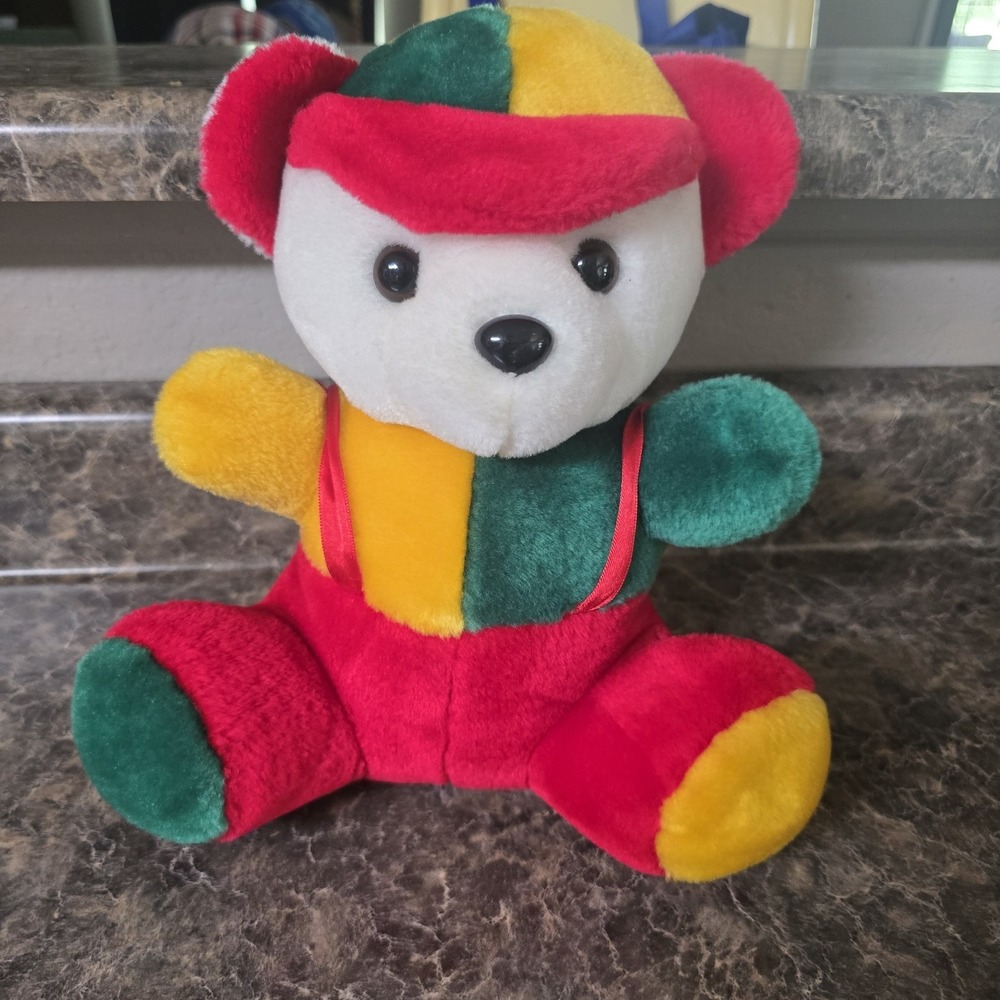 10" Color Block Teddy Bear Plush Red Green Yellow White Stuffed Toy Vintage